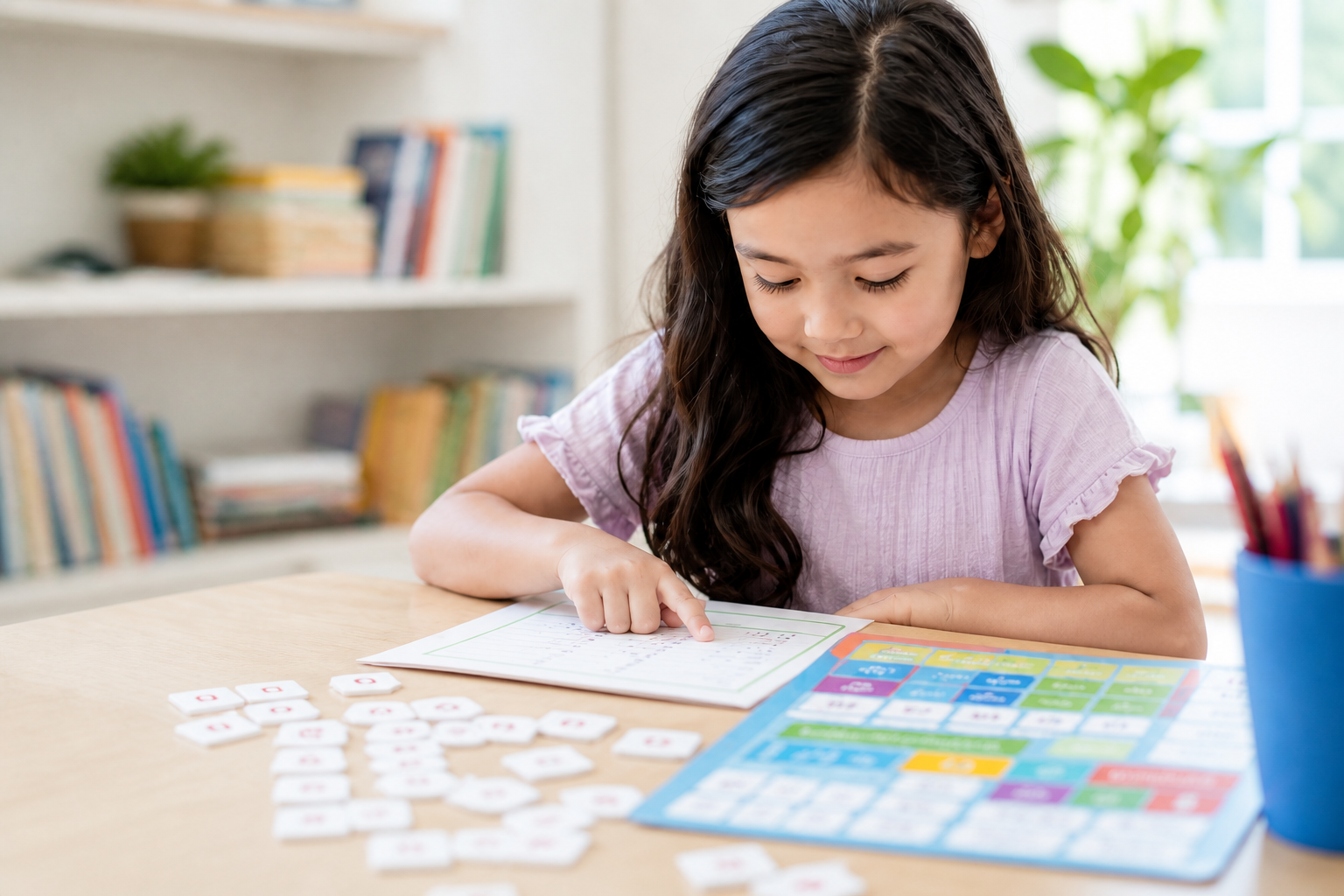 A child practicing reading skills with letter tiles and a learning board